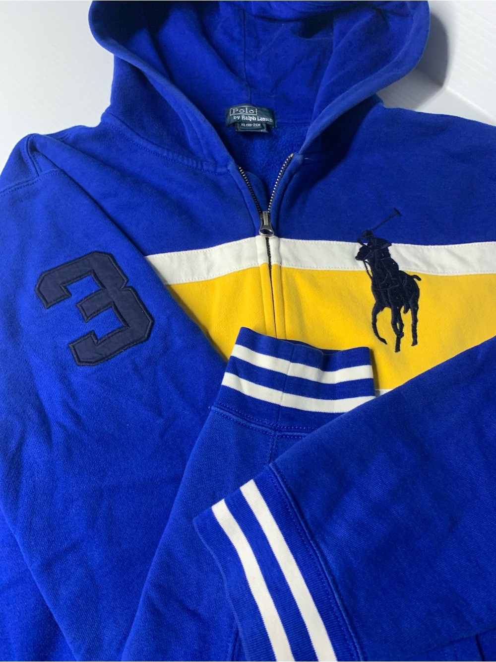 Polo by Ralph Lauren Royal Blue Zip-Up Hoodie with Yellow & White Chevron